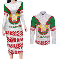 Belarus National Emblem Couples Matching Long Sleeve Bodycon Dress and Long Sleeve Button Shirt with Folk Pattern White Green Red Sweatshirt