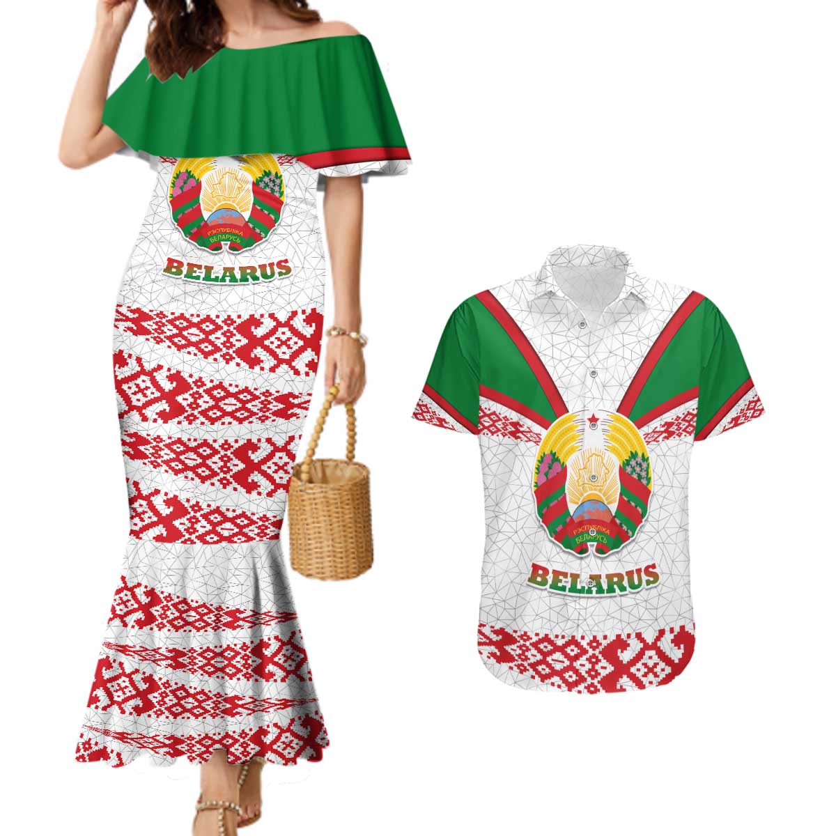 Belarus National Emblem Couples Matching Mermaid Dress and Hawaiian Shirt with Folk Pattern White Green Red Sweatshirt