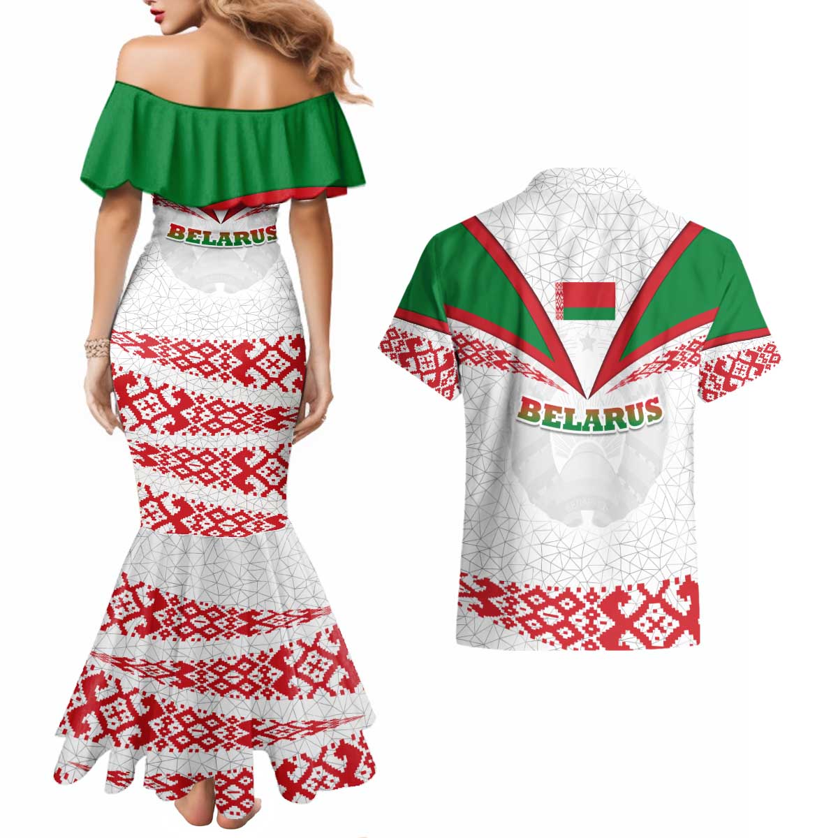 Belarus National Emblem Couples Matching Mermaid Dress and Hawaiian Shirt with Folk Pattern White Green Red Sweatshirt