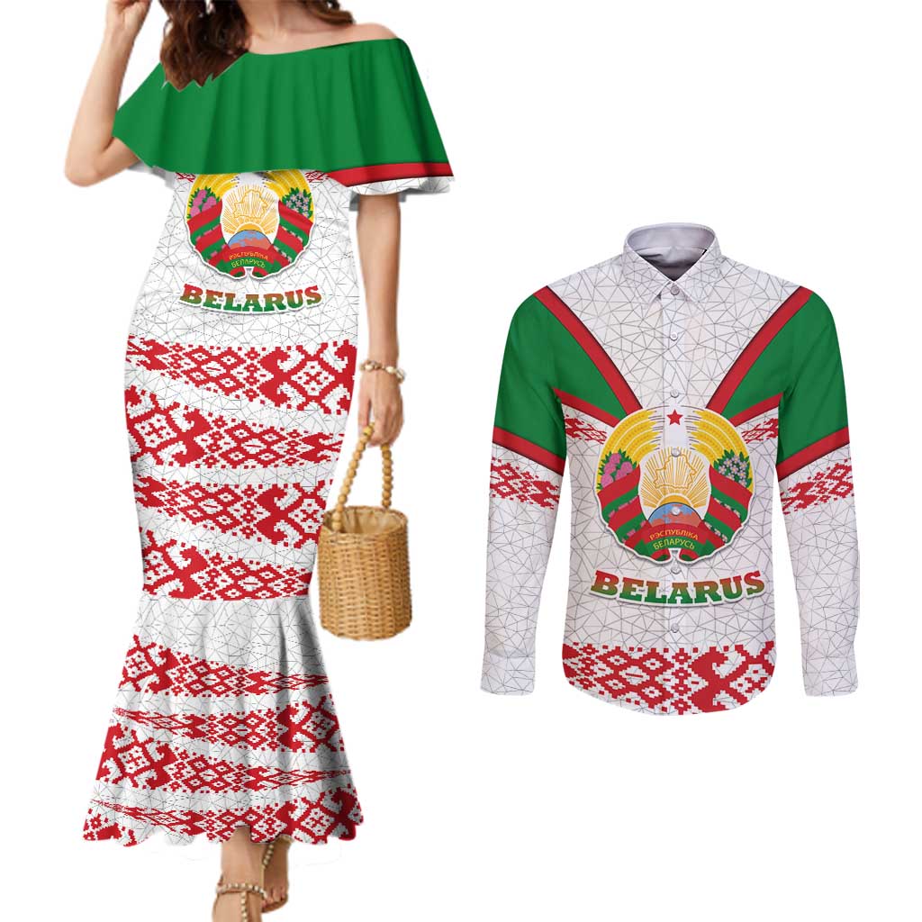 Belarus National Emblem Couples Matching Mermaid Dress and Long Sleeve Button Shirt with Folk Pattern White Green Red Sweatshirt