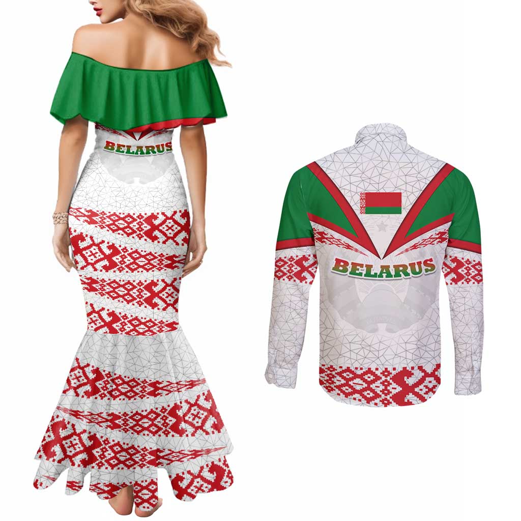 Belarus National Emblem Couples Matching Mermaid Dress and Long Sleeve Button Shirt with Folk Pattern White Green Red Sweatshirt