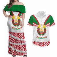 Belarus National Emblem Couples Matching Off Shoulder Maxi Dress and Hawaiian Shirt with Folk Pattern White Green Red Sweatshirt