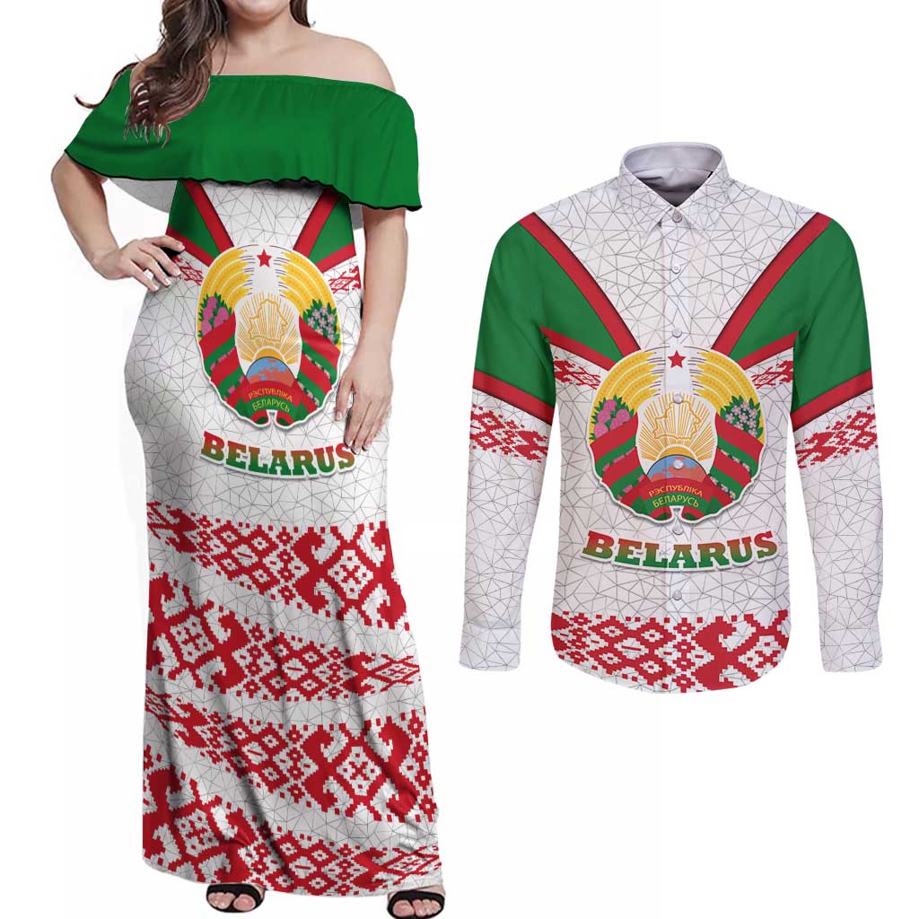 Belarus National Emblem Couples Matching Off Shoulder Maxi Dress and Long Sleeve Button Shirt with Folk Pattern White Green Red Sweatshirt