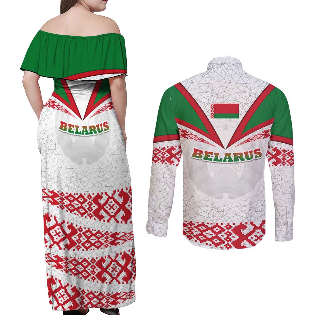 Belarus National Emblem Couples Matching Off Shoulder Maxi Dress and Long Sleeve Button Shirt with Folk Pattern White Green Red Sweatshirt