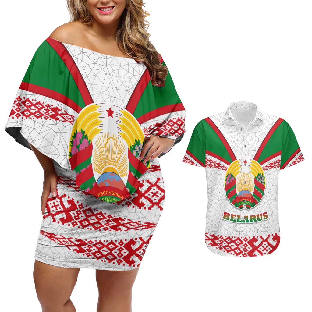 Belarus National Emblem Couples Matching Off Shoulder Short Dress and Hawaiian Shirt with Folk Pattern White Green Red Sweatshirt