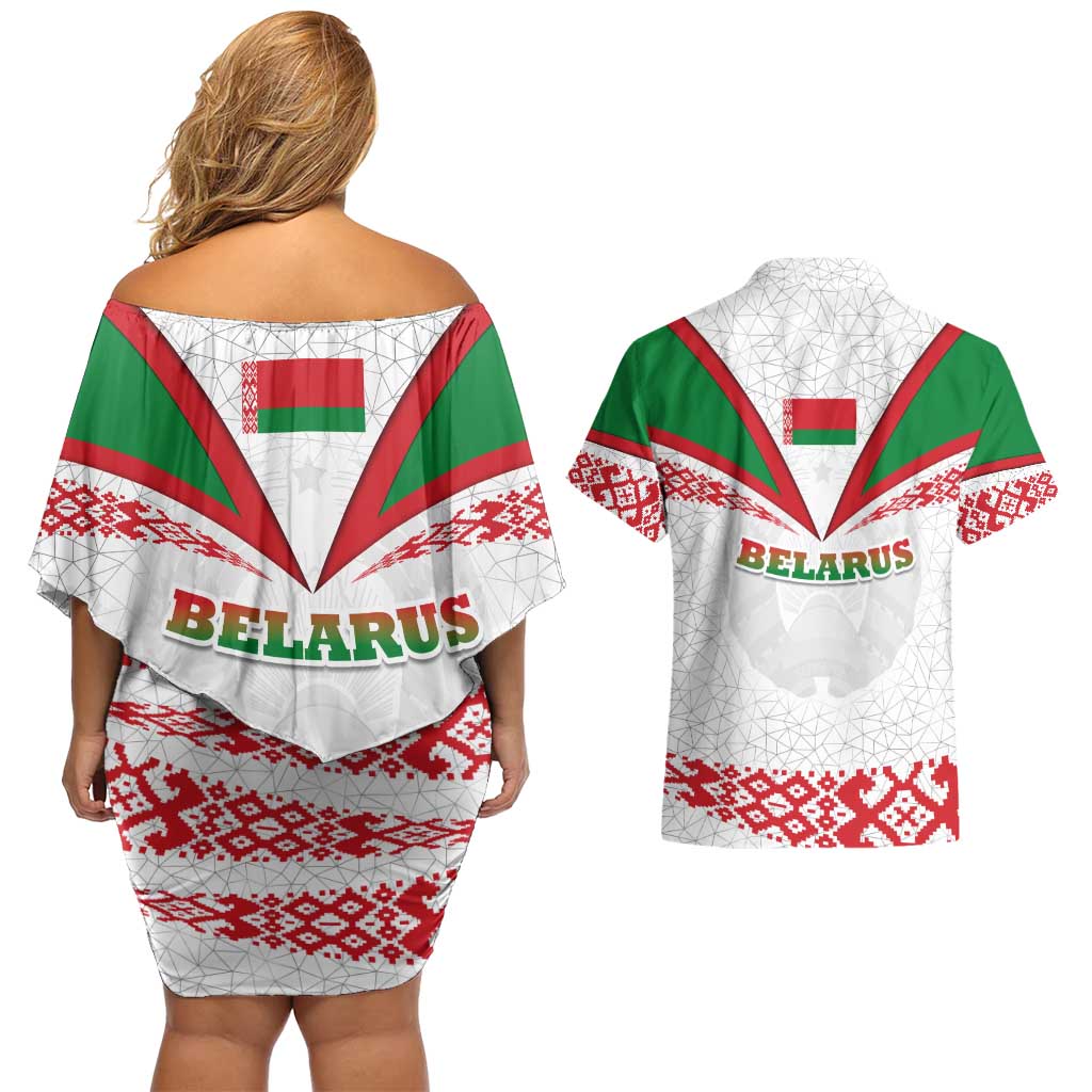 Belarus National Emblem Couples Matching Off Shoulder Short Dress and Hawaiian Shirt with Folk Pattern White Green Red Sweatshirt