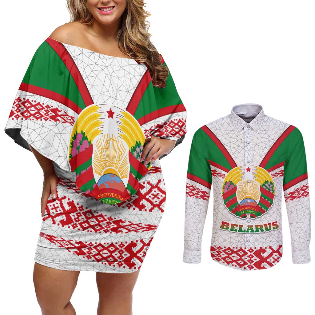 Belarus National Emblem Couples Matching Off Shoulder Short Dress and Long Sleeve Button Shirt with Folk Pattern White Green Red Sweatshirt