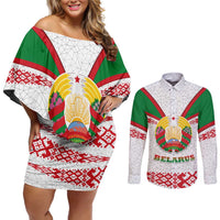 Belarus National Emblem Couples Matching Off Shoulder Short Dress and Long Sleeve Button Shirt with Folk Pattern White Green Red Sweatshirt