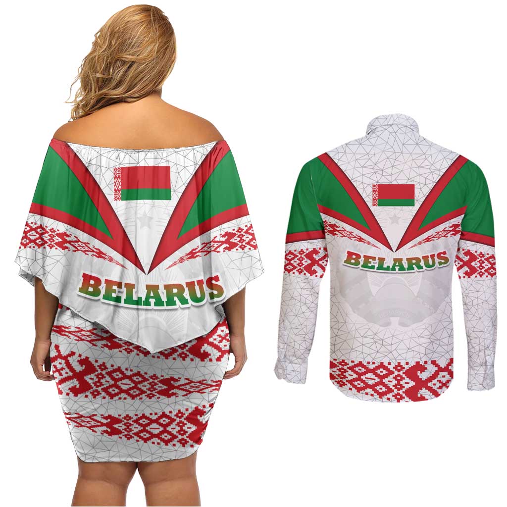 Belarus National Emblem Couples Matching Off Shoulder Short Dress and Long Sleeve Button Shirt with Folk Pattern White Green Red Sweatshirt