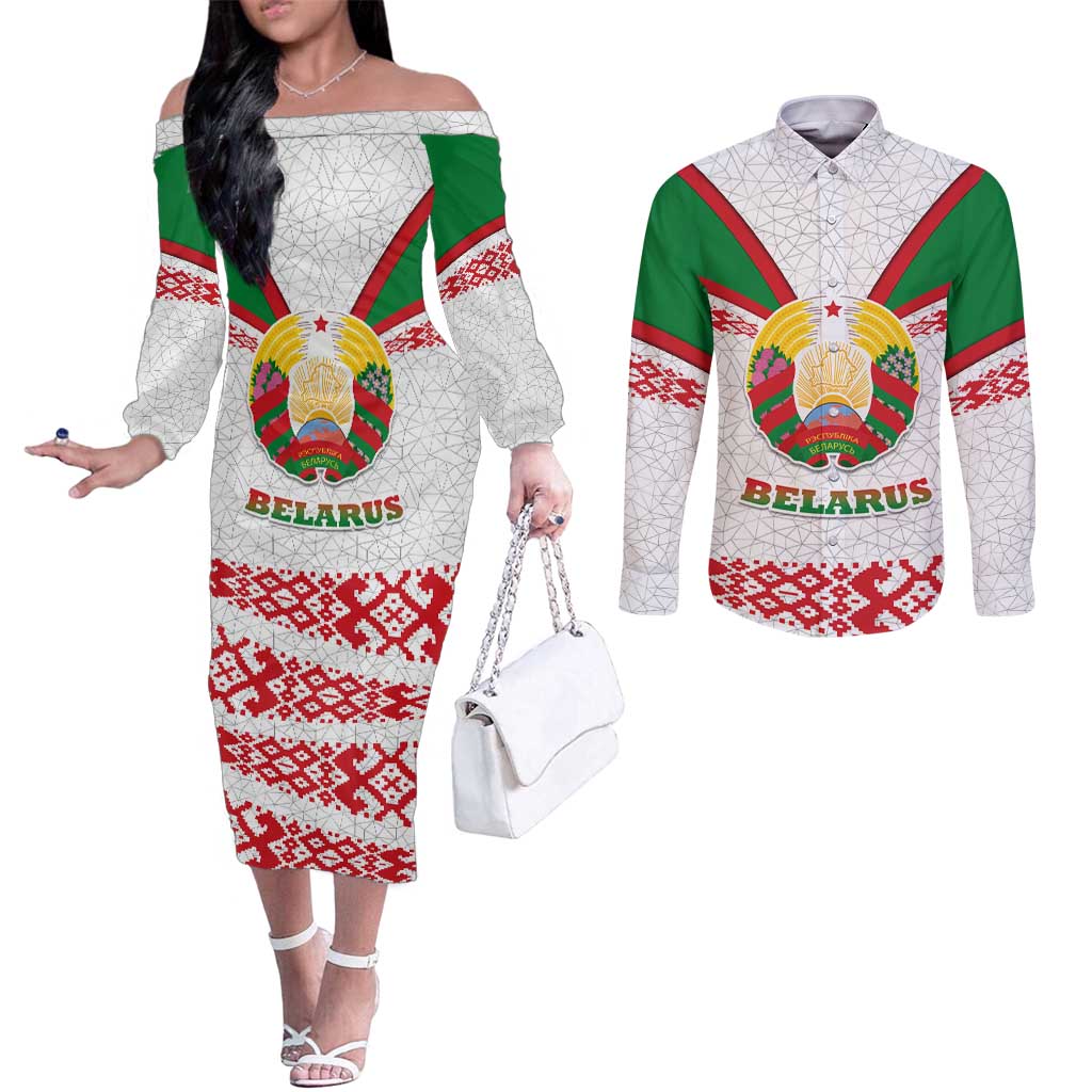 Belarus National Emblem Couples Matching Off The Shoulder Long Sleeve Dress and Long Sleeve Button Shirt with Folk Pattern White Green Red Sweatshirt
