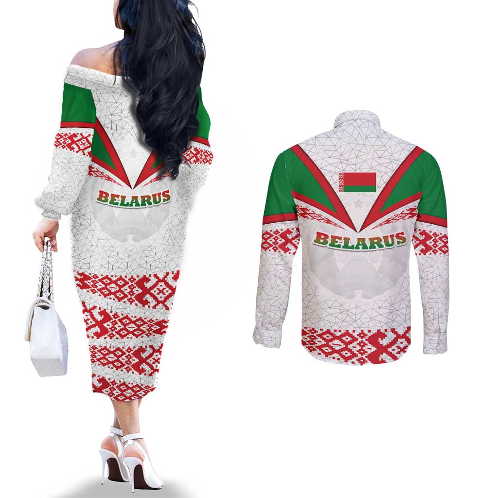 Belarus National Emblem Couples Matching Off The Shoulder Long Sleeve Dress and Long Sleeve Button Shirt with Folk Pattern White Green Red Sweatshirt