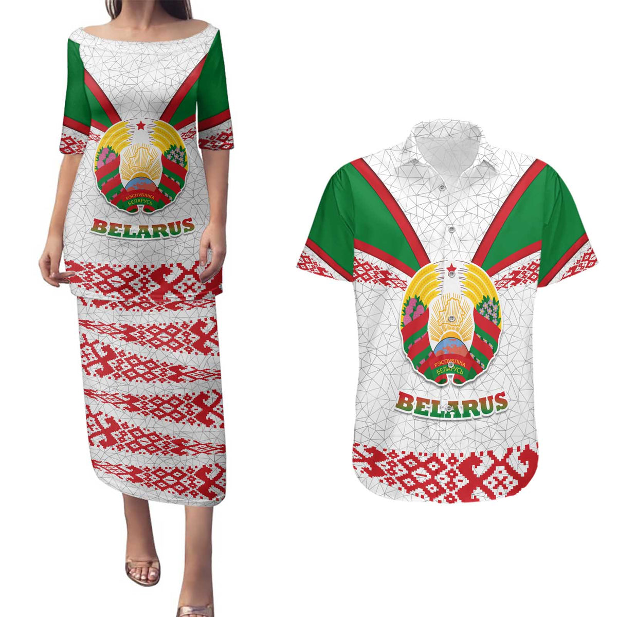 Belarus National Emblem Couples Matching Puletasi and Hawaiian Shirt with Folk Pattern White Green Red Sweatshirt