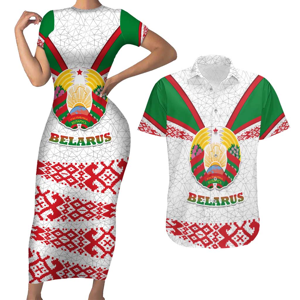 Belarus National Emblem Couples Matching Short Sleeve Bodycon Dress and Hawaiian Shirt with Folk Pattern White Green Red Sweatshirt