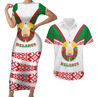 Belarus National Emblem Couples Matching Short Sleeve Bodycon Dress and Hawaiian Shirt with Folk Pattern White Green Red Sweatshirt