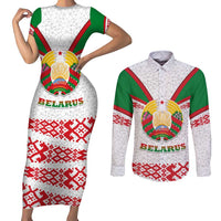 Belarus National Emblem Couples Matching Short Sleeve Bodycon Dress and Long Sleeve Button Shirt with Folk Pattern White Green Red Sweatshirt