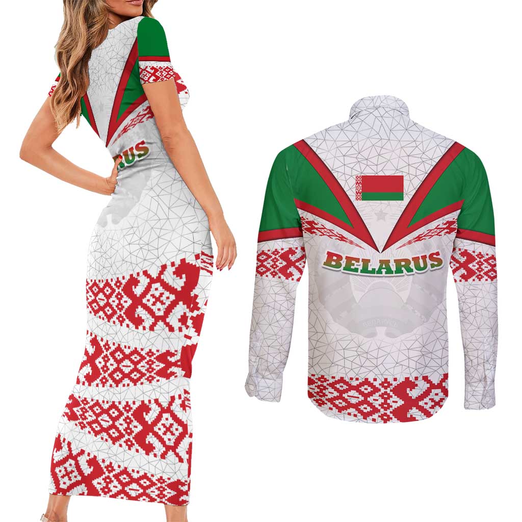Belarus National Emblem Couples Matching Short Sleeve Bodycon Dress and Long Sleeve Button Shirt with Folk Pattern White Green Red Sweatshirt