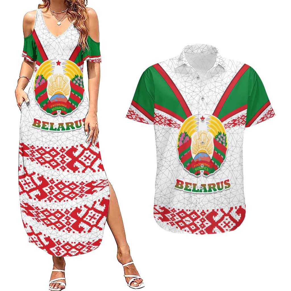 Belarus National Emblem Couples Matching Summer Maxi Dress and Hawaiian Shirt with Folk Pattern White Green Red Sweatshirt