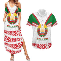 Belarus National Emblem Couples Matching Summer Maxi Dress and Hawaiian Shirt with Folk Pattern White Green Red Sweatshirt