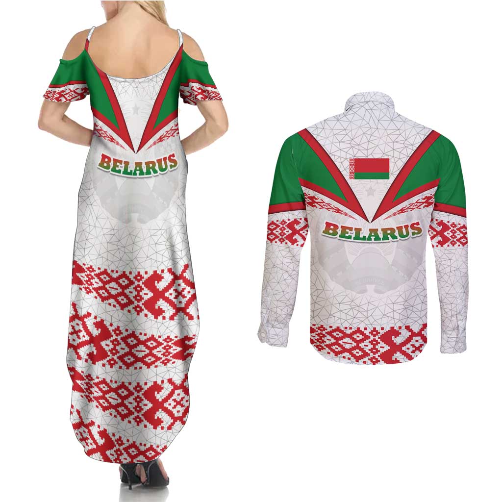 Belarus National Emblem Couples Matching Summer Maxi Dress and Long Sleeve Button Shirt with Folk Pattern White Green Red Sweatshirt