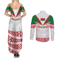 Belarus National Emblem Couples Matching Summer Maxi Dress and Long Sleeve Button Shirt with Folk Pattern White Green Red Sweatshirt