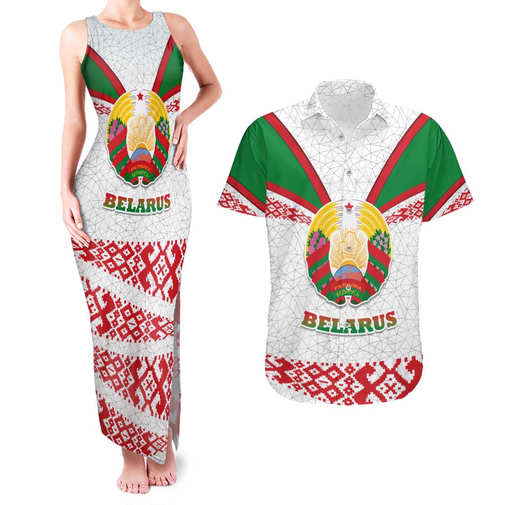 Belarus National Emblem Couples Matching Tank Maxi Dress and Hawaiian Shirt with Folk Pattern White Green Red Sweatshirt