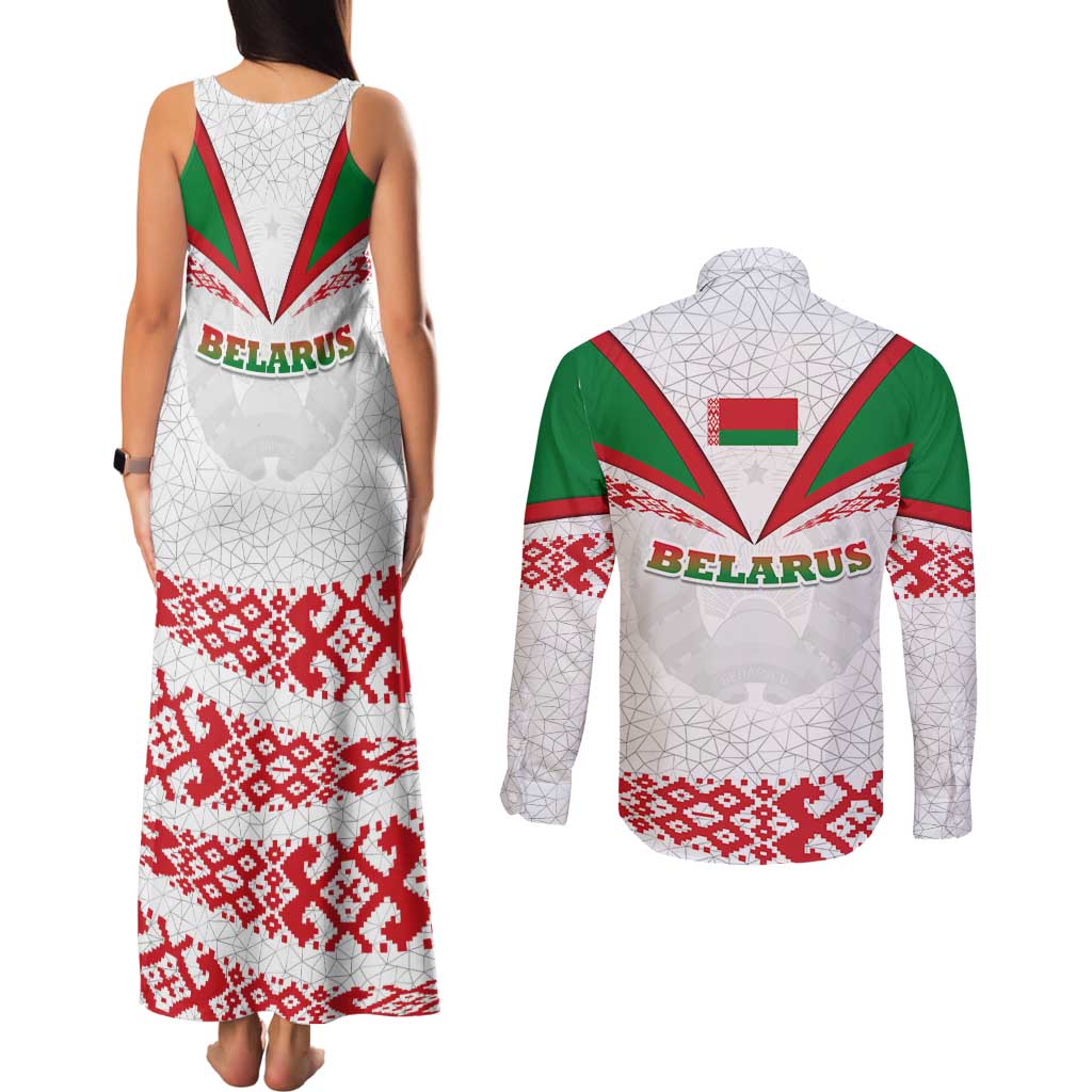 Belarus National Emblem Couples Matching Tank Maxi Dress and Long Sleeve Button Shirt with Folk Pattern White Green Red Sweatshirt