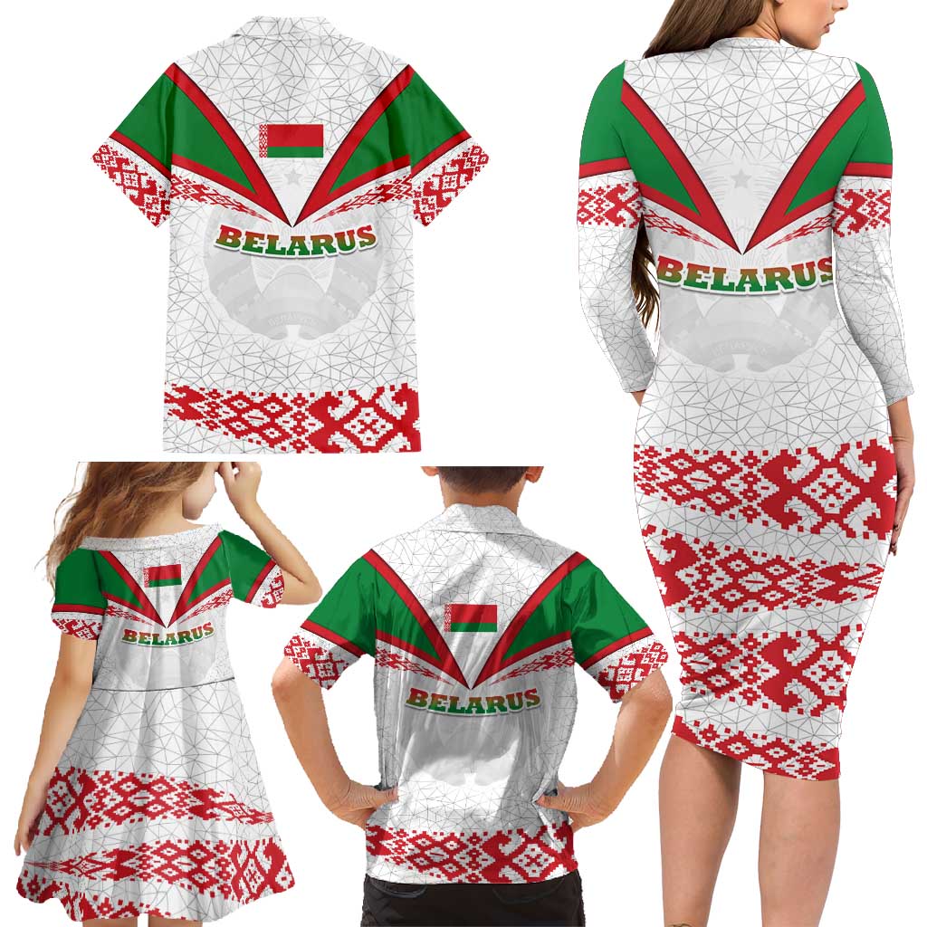 Belarus National Emblem Family Matching Long Sleeve Bodycon Dress and Hawaiian Shirt with Folk Pattern White Green Red Sweatshirt