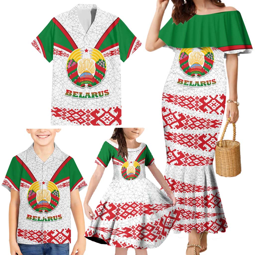 Belarus National Emblem Family Matching Mermaid Dress and Hawaiian Shirt with Folk Pattern White Green Red Sweatshirt