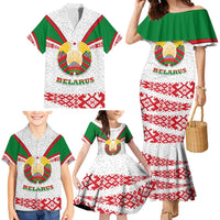 Belarus National Emblem Family Matching Mermaid Dress and Hawaiian Shirt with Folk Pattern White Green Red Sweatshirt