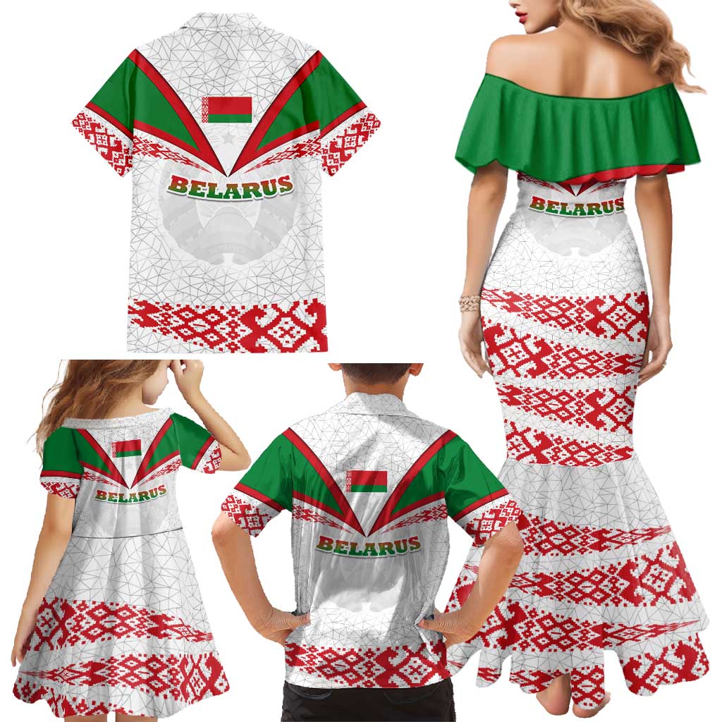 Belarus National Emblem Family Matching Mermaid Dress and Hawaiian Shirt with Folk Pattern White Green Red Sweatshirt