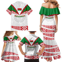 Belarus National Emblem Family Matching Mermaid Dress and Hawaiian Shirt with Folk Pattern White Green Red Sweatshirt