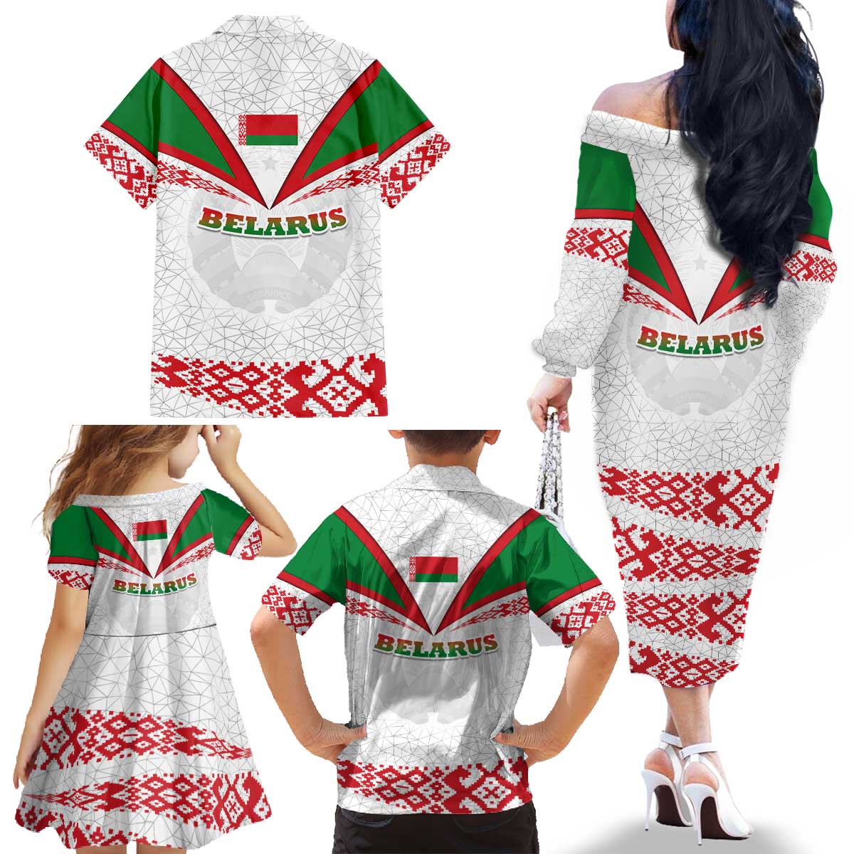 Belarus National Emblem Family Matching Off The Shoulder Long Sleeve Dress and Hawaiian Shirt with Folk Pattern White Green Red Sweatshirt
