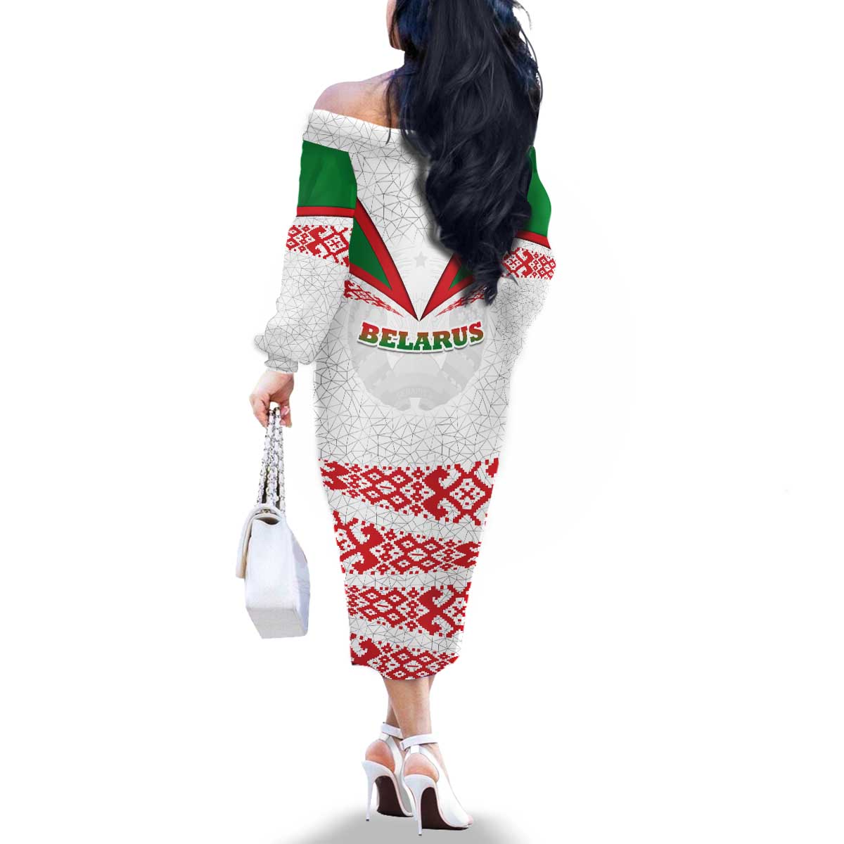 Belarus National Emblem Family Matching Off The Shoulder Long Sleeve Dress and Hawaiian Shirt with Folk Pattern White Green Red Sweatshirt
