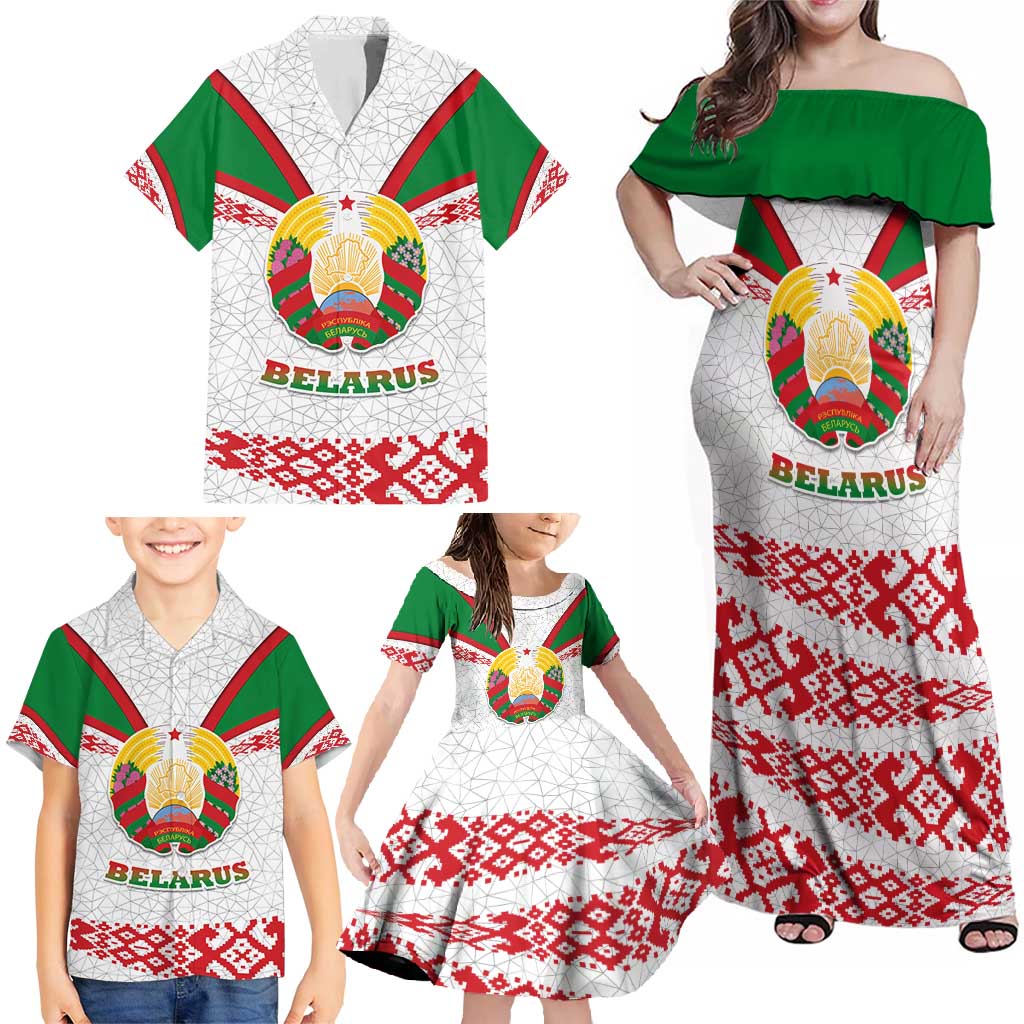 Belarus National Emblem Family Matching Off Shoulder Maxi Dress and Hawaiian Shirt with Folk Pattern White Green Red Sweatshirt
