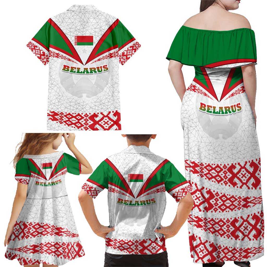 Belarus National Emblem Family Matching Off Shoulder Maxi Dress and Hawaiian Shirt with Folk Pattern White Green Red Sweatshirt