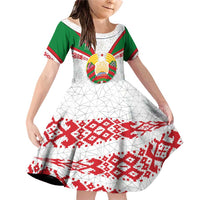 Belarus National Emblem Family Matching Off Shoulder Short Dress and Hawaiian Shirt with Folk Pattern White Green Red Sweatshirt