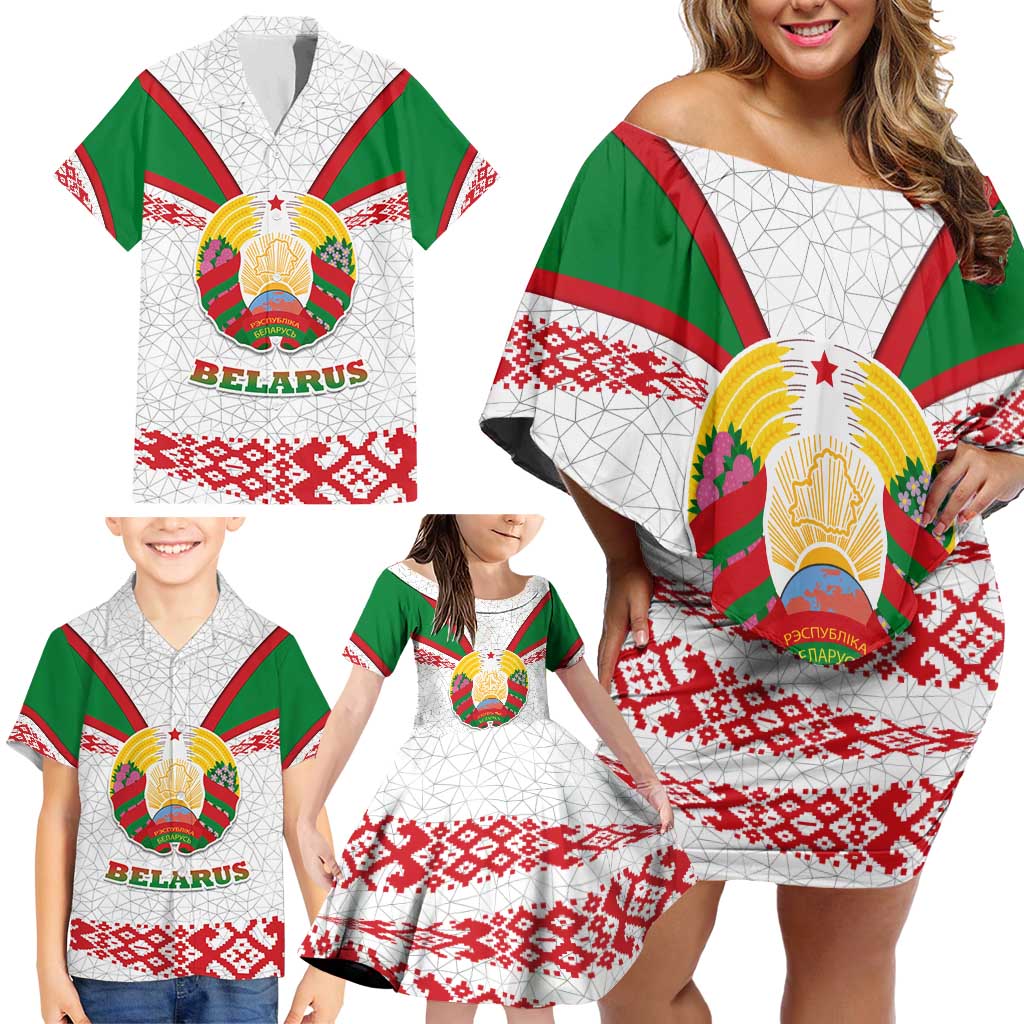 Belarus National Emblem Family Matching Off Shoulder Short Dress and Hawaiian Shirt with Folk Pattern White Green Red Sweatshirt