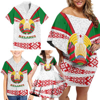 Belarus National Emblem Family Matching Off Shoulder Short Dress and Hawaiian Shirt with Folk Pattern White Green Red Sweatshirt