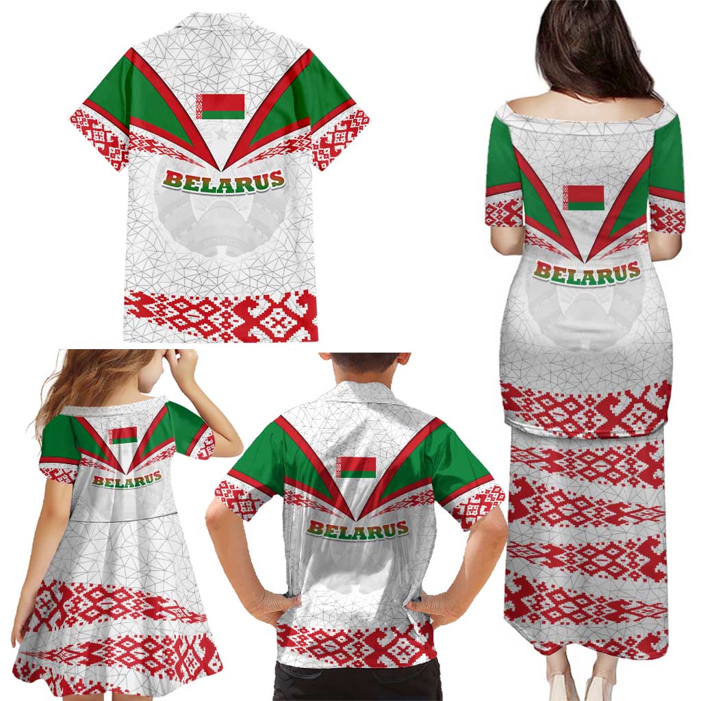 Belarus National Emblem Family Matching Puletasi and Hawaiian Shirt with Folk Pattern White Green Red Sweatshirt