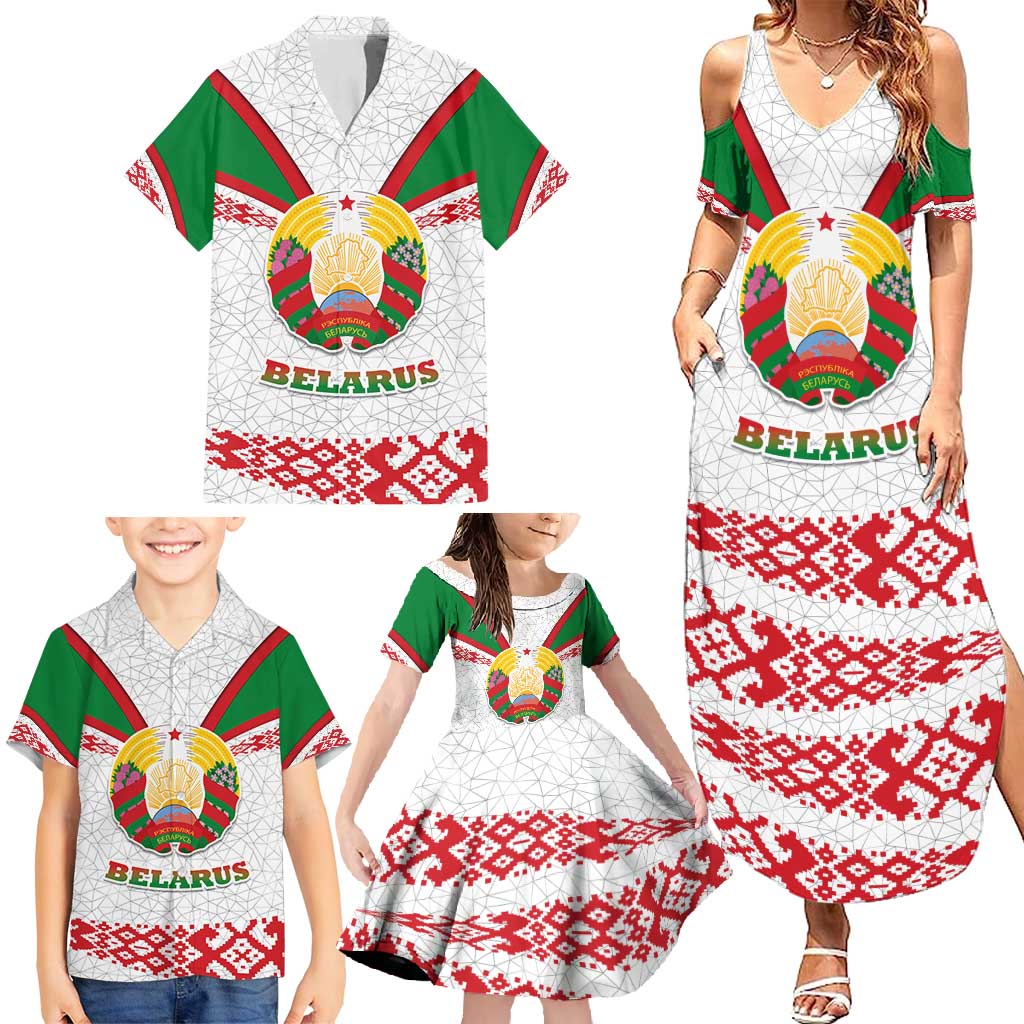 Belarus National Emblem Family Matching Summer Maxi Dress and Hawaiian Shirt with Folk Pattern White Green Red Sweatshirt