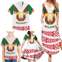 Belarus National Emblem Family Matching Summer Maxi Dress and Hawaiian Shirt with Folk Pattern White Green Red Sweatshirt