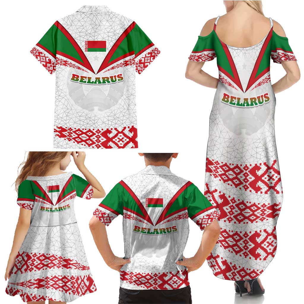 Belarus National Emblem Family Matching Summer Maxi Dress and Hawaiian Shirt with Folk Pattern White Green Red Sweatshirt
