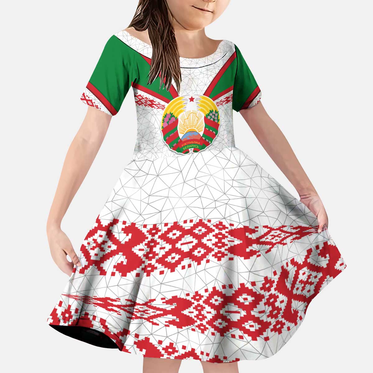 Belarus National Emblem Kid Short Sleeve Dress with Folk Pattern White Green Red Sweatshirt