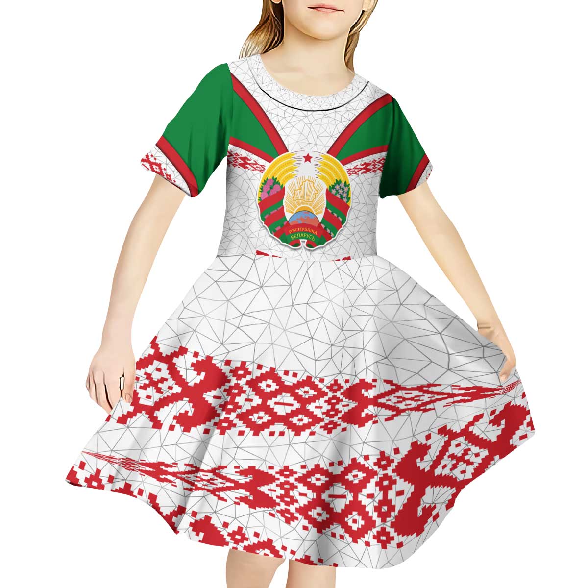 Belarus National Emblem Kid Short Sleeve Dress with Folk Pattern White Green Red Sweatshirt