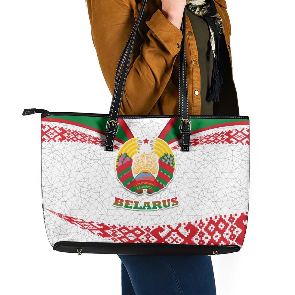 Belarus National Emblem Leather Tote Bag with Folk Pattern White Green Red Sweatshirt
