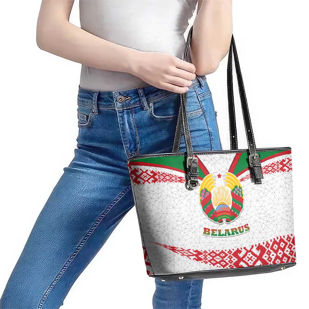 Belarus National Emblem Leather Tote Bag with Folk Pattern White Green Red Sweatshirt