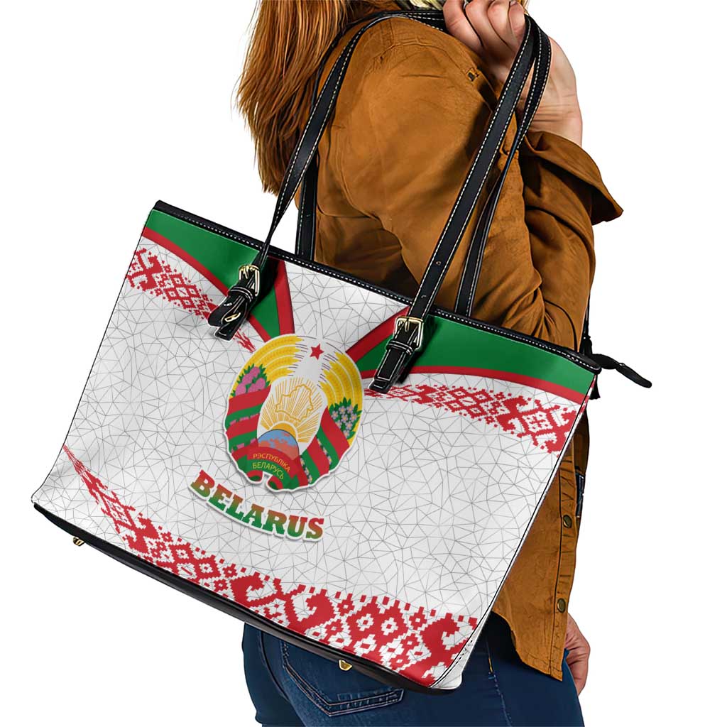 Belarus National Emblem Leather Tote Bag with Folk Pattern White Green Red Sweatshirt