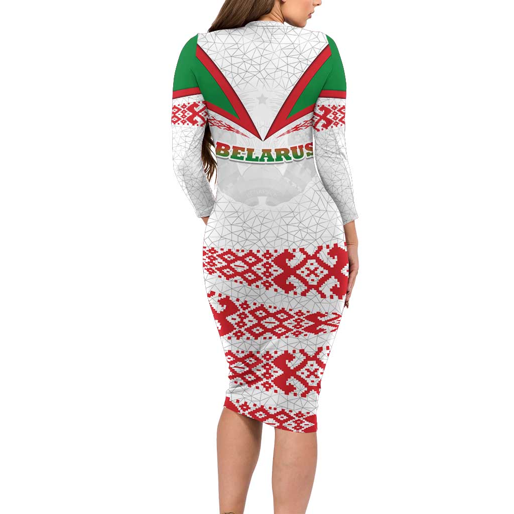 Belarus National Emblem Long Sleeve Bodycon Dress with Folk Pattern White Green Red Sweatshirt