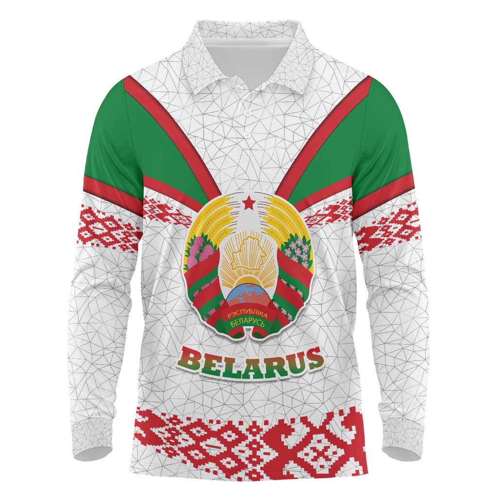 Belarus National Emblem Long Sleeve Polo Shirt with Folk Pattern White Green Red Sweatshirt