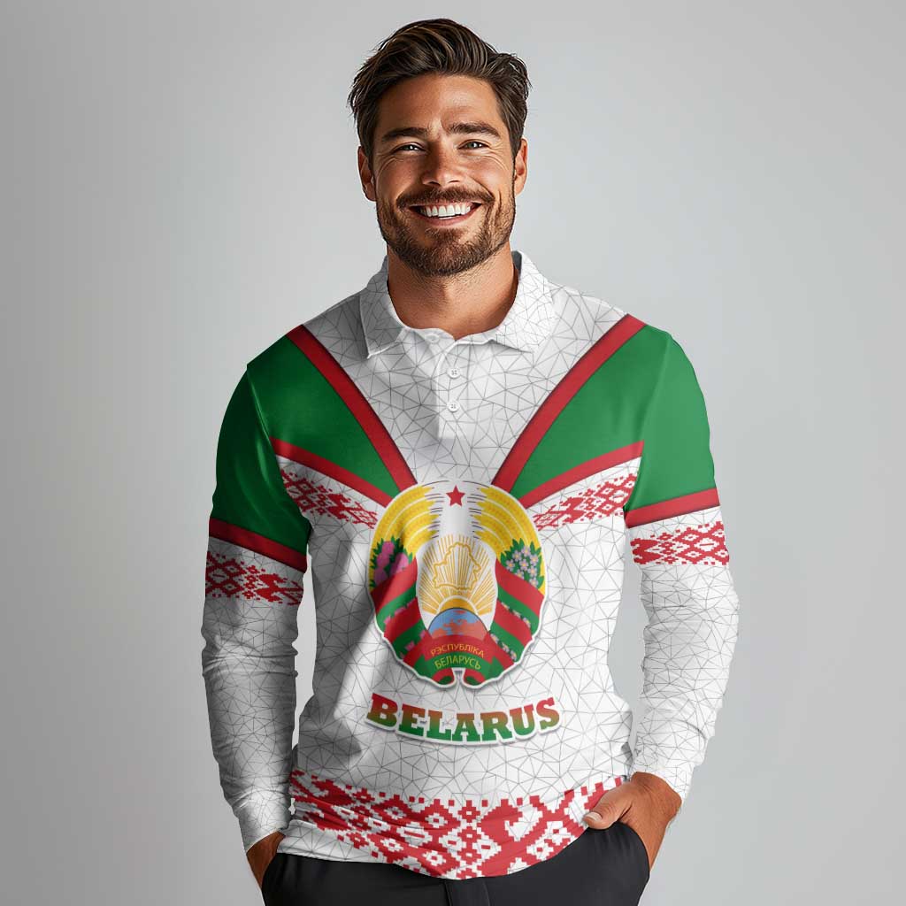 Belarus National Emblem Long Sleeve Polo Shirt with Folk Pattern White Green Red Sweatshirt